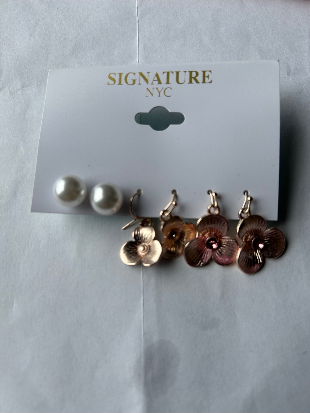 Signature White Pearl Studs with Rose Gold Flower Drop Earrings